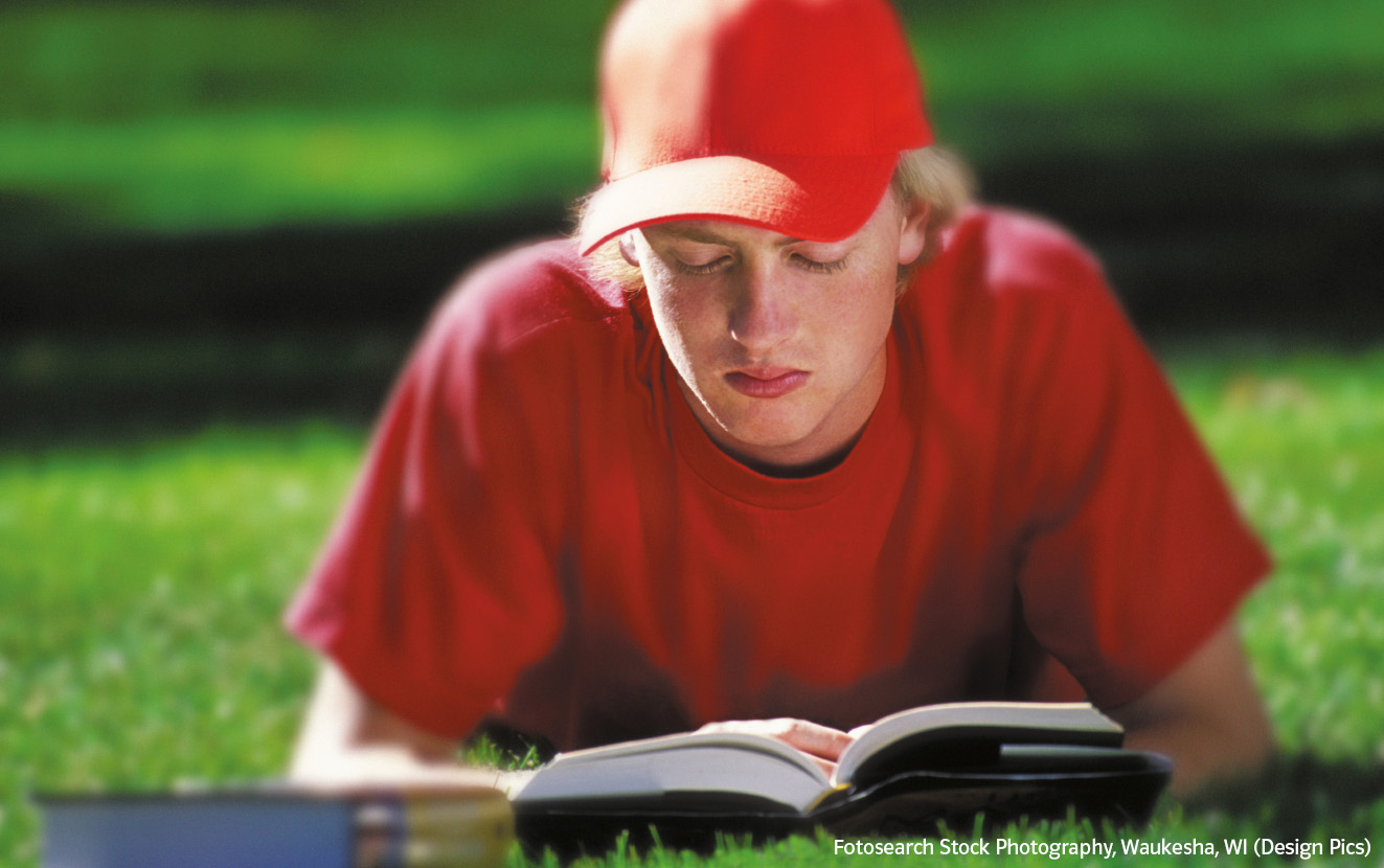 Lesen im Freien Teeanger liest Buch auf einer Wiese liegend